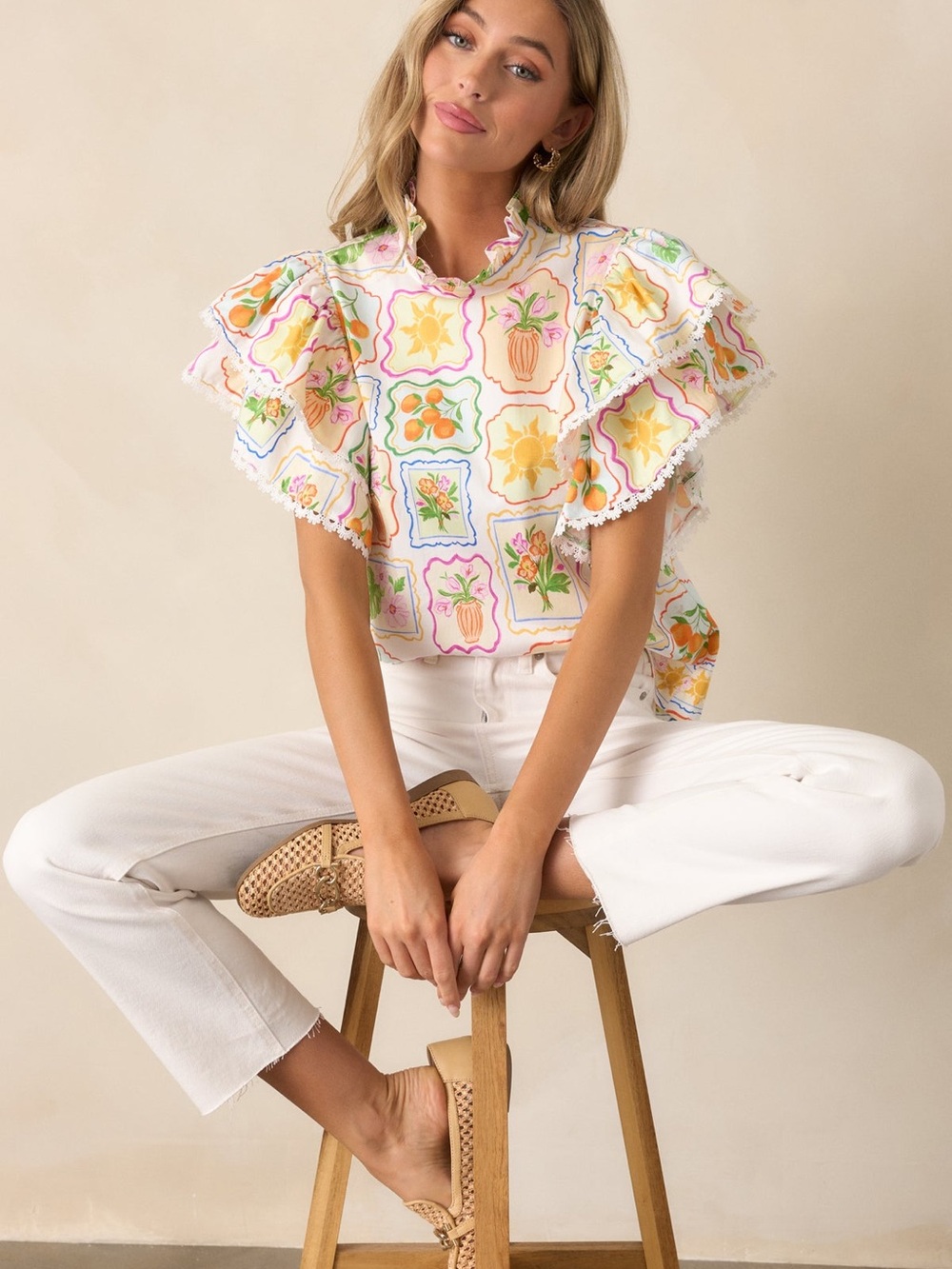 NWT PROSPERINA BLAIR MULTI PRINT COTTON RUFFLE TOP - Picture 2 of 4